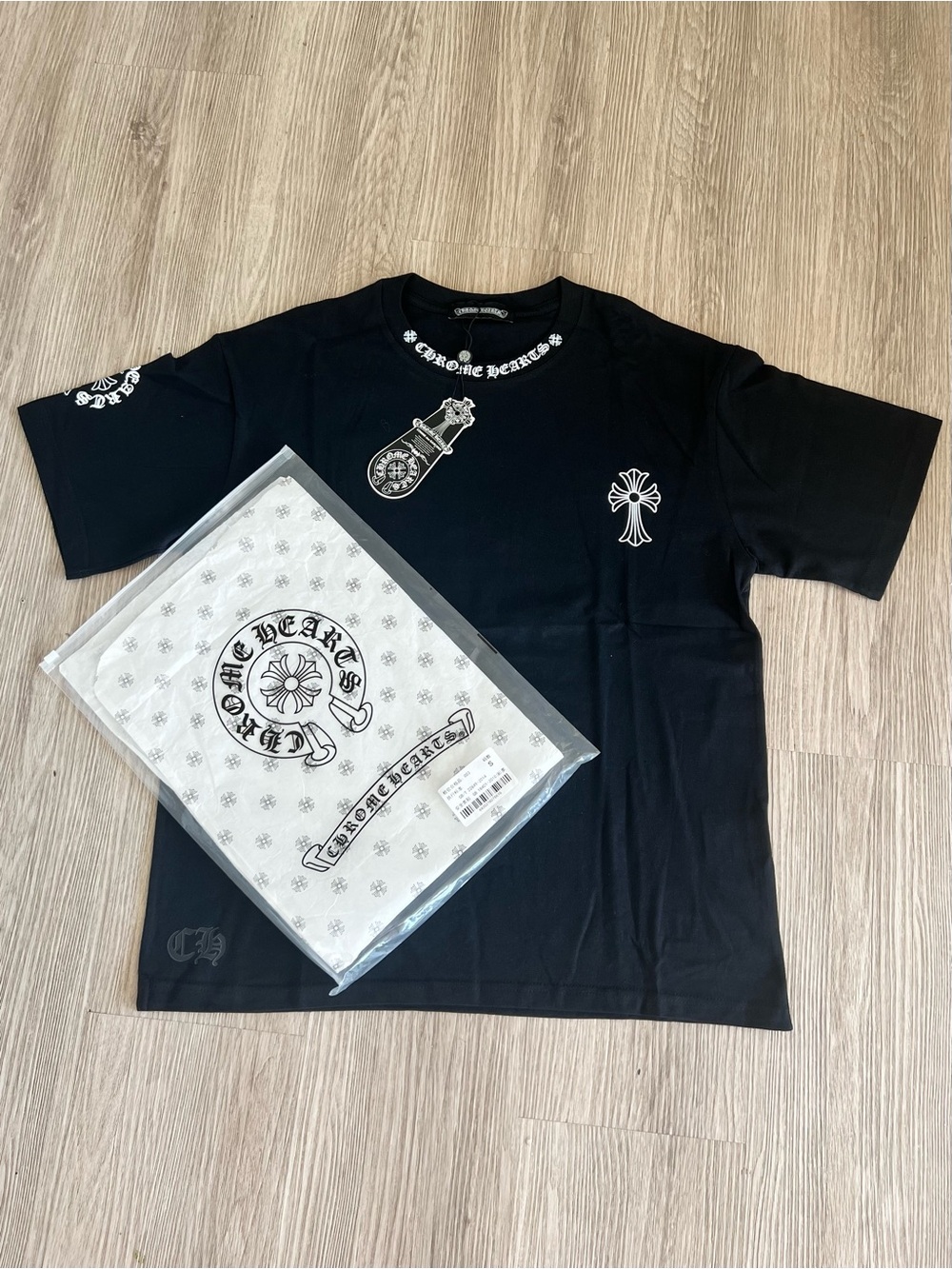 Chrome Hearts Black Tee with White Cross and Emblems